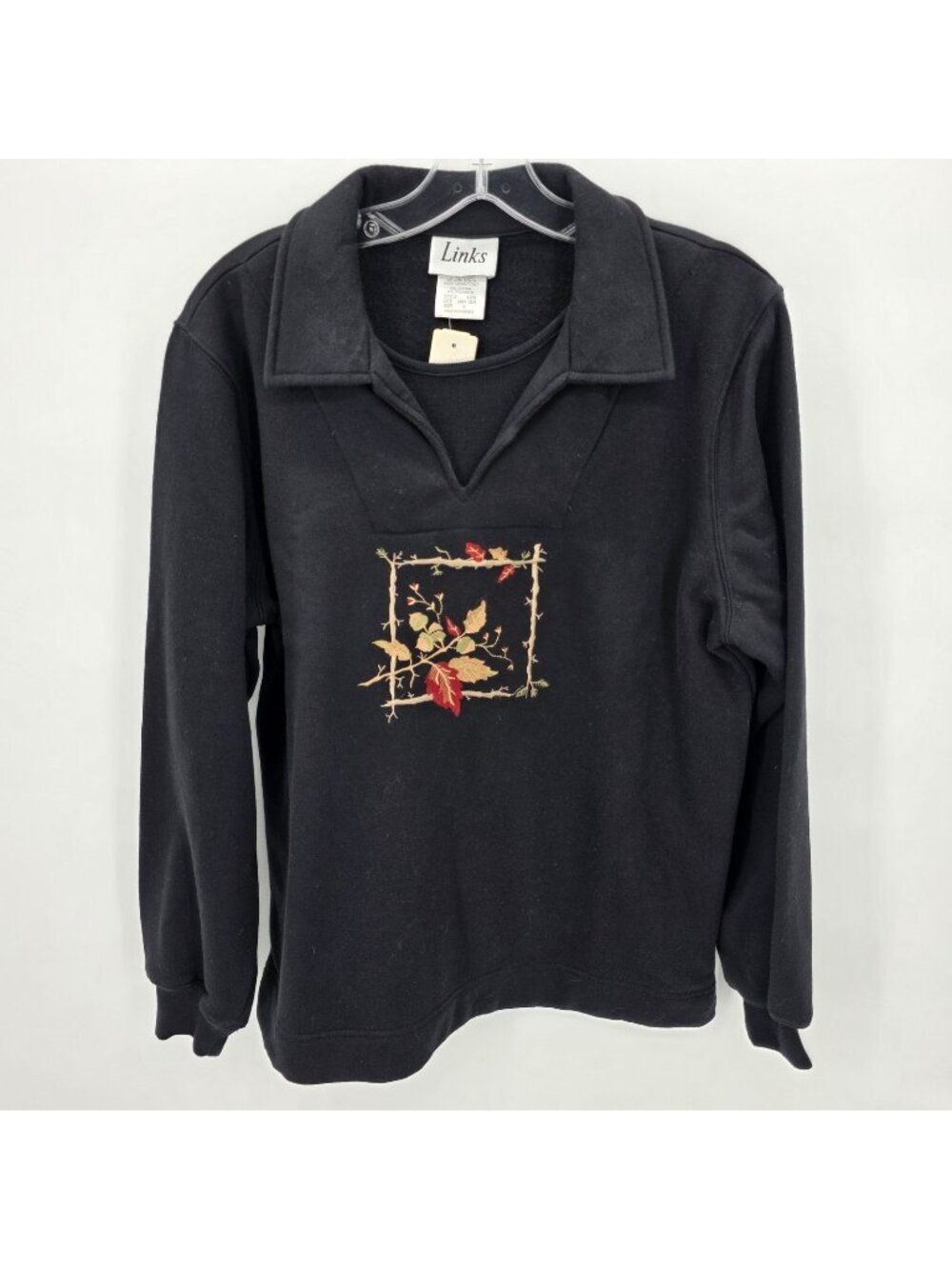 Links Top Womens S Black Sweatshirt Pullover Autumn Leaf Embroidered Relaxed NEW